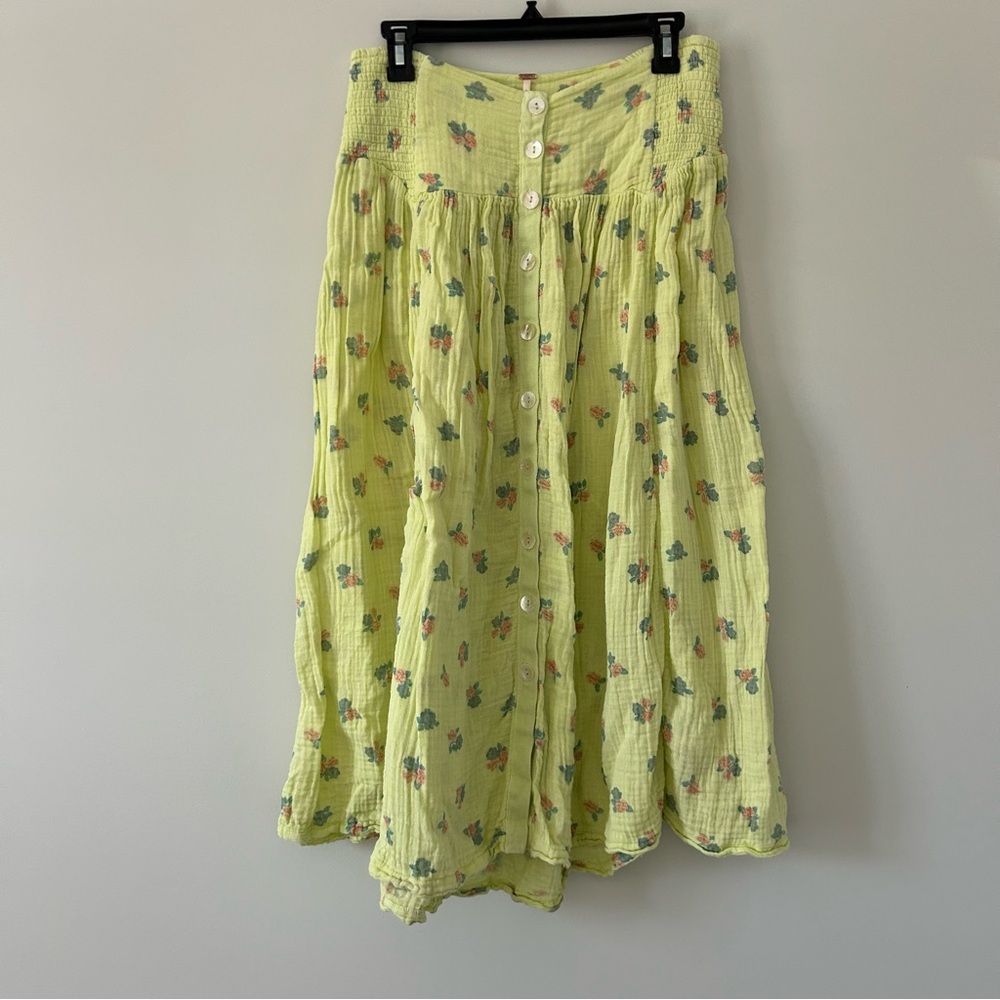 Free People Iris Corset Set Skirt Yellow Green Floral Cotton Button Down Skirt S - Picture 2 of 10
